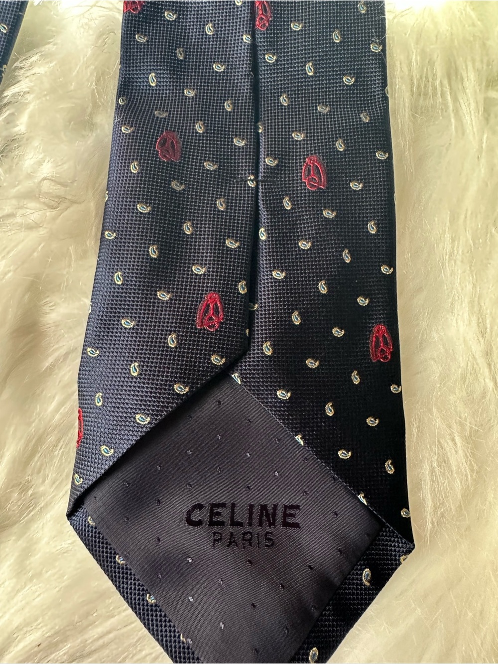 Vintage Celine Paris Pure Silk Navy Equestrian Paisley Logo Tie - Picture 10 of 12